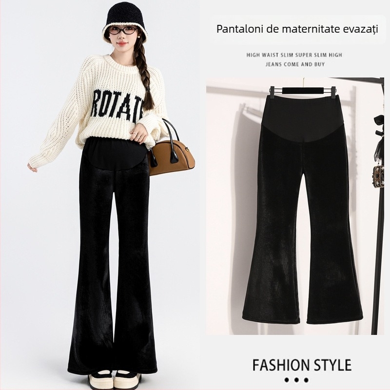 Pantaloni de maternitate din catifea, catifea auriu, conținut catifea 95%+, croială de tip colanți, lungime pantaloni, pentru primăvară-toamnă-iarnă