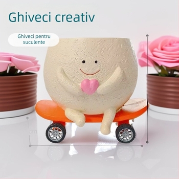 Ghiveci din rășină pentru suculente, cu zâmbet pe față și motiv skateboard – recipient mic, creativ pentru balcon, interior și grădină, durabil, gata de cadou