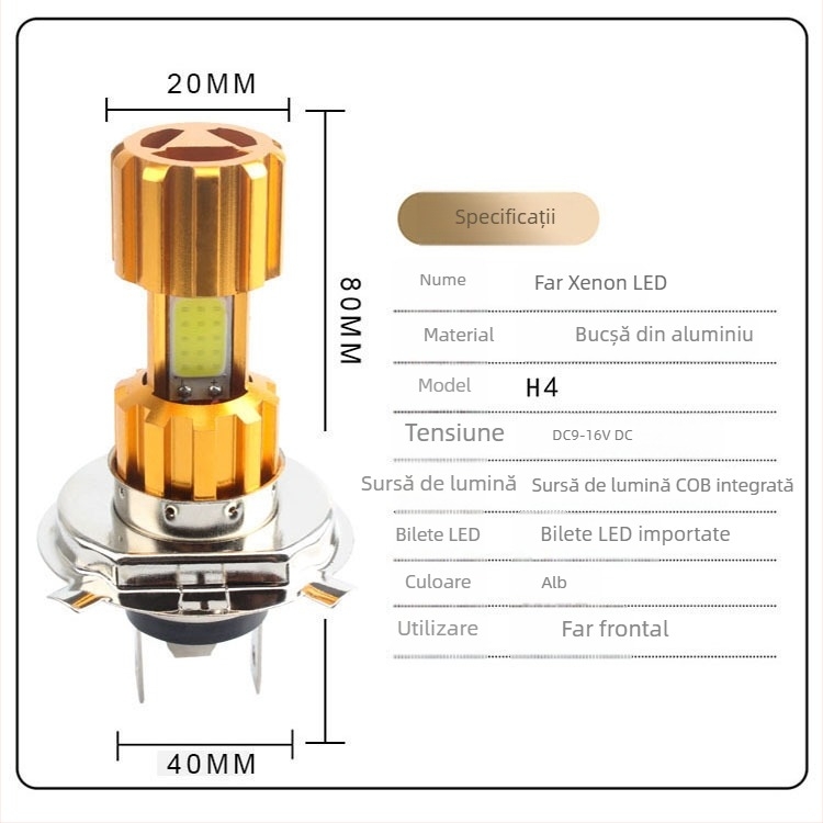 Far LED pentru motocicletă BA20D cu iluminare COB pe trei fețe, 12V, 1000 lm, 7000–8000K