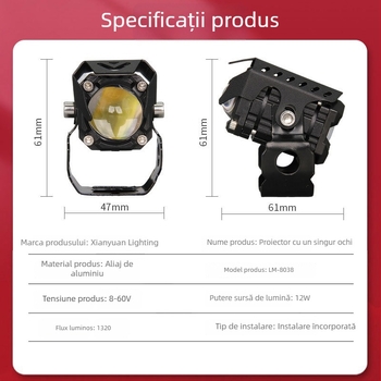Proiector LED pentru motocicletă, obiectiv unic, fascicul înalt și jos, far auxiliar frontal, montaj extern universal