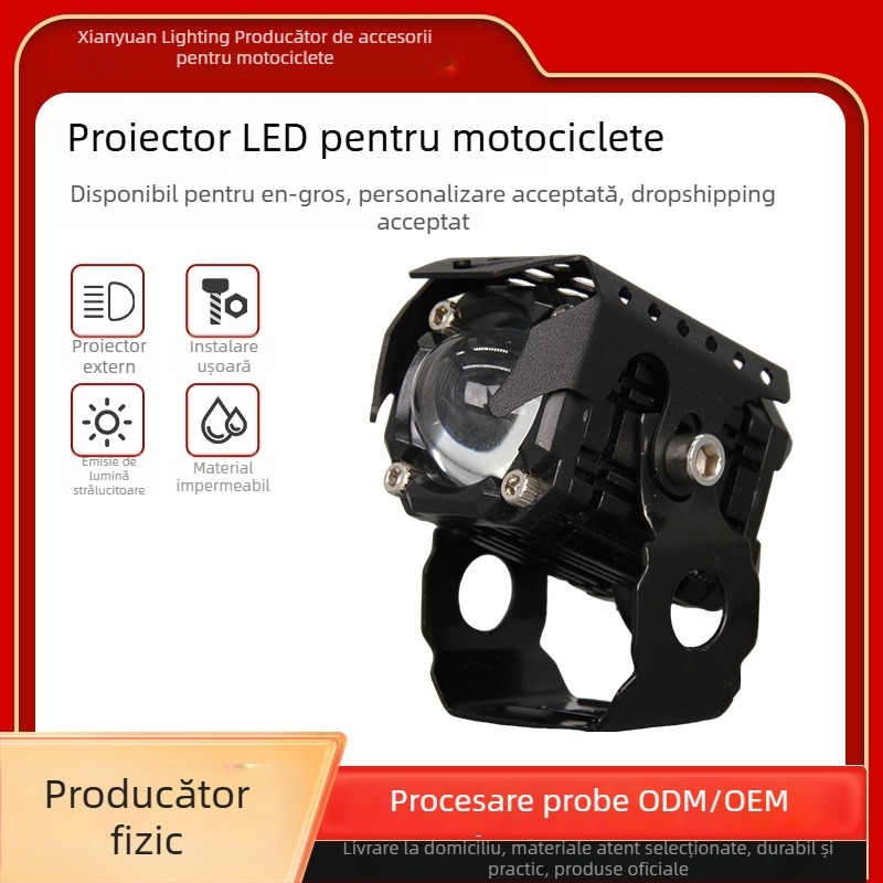Proiector LED pentru motocicletă, obiectiv unic, fascicul înalt și jos, far auxiliar frontal, montaj extern universal