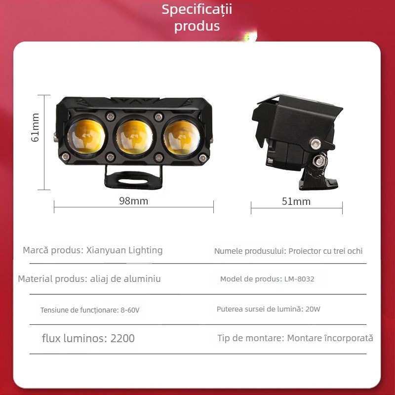 Far LED pentru motocicletă cu proiector triocular, lumină de drum mare și mică, montaj exterior, carcasă din aluminiu, 20W, 8–60V, impermeabil
