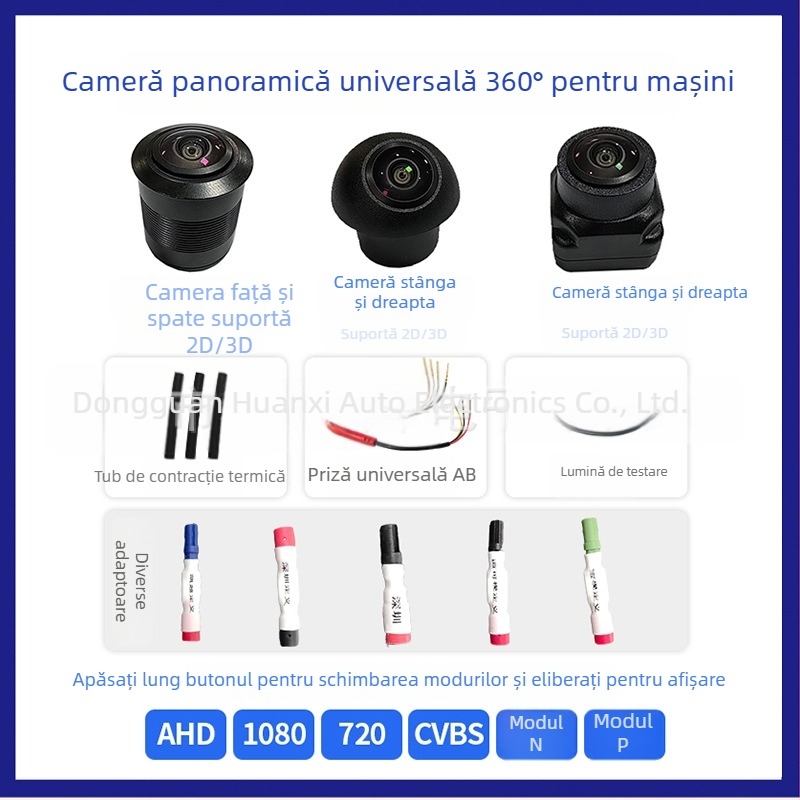 Cameră panoramică universală 360° – unghi reglabil de 210°, rezoluție 1920×1080, alimentare 5V, semnale video: AHD720P/AHD1080P/CVBS-NTSC/CVBS-PAL/TVI1080P/TVI72