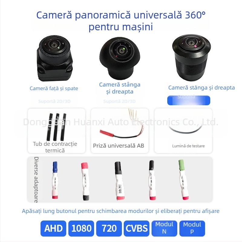 Cameră panoramică universală 360° – unghi reglabil de 210°, rezoluție 1920×1080, alimentare 5V, semnale video: AHD720P/AHD1080P/CVBS-NTSC/CVBS-PAL/TVI1080P/TVI72