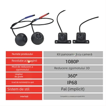 Kit dash cam auto cu patru canale, vedere panoramică la 360°, 1080P AHD viziune de noapte, universal pentru autoturisme