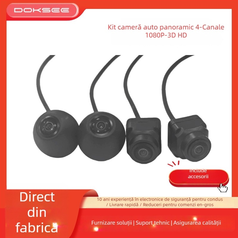 Kit dash cam auto cu patru canale, vedere panoramică la 360°, 1080P AHD viziune de noapte, universal pentru autoturisme