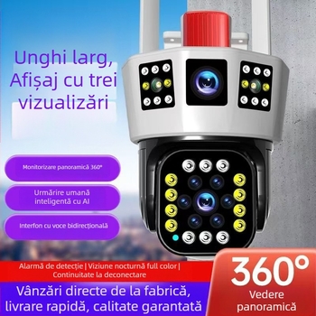 Cameră de supraveghere pentru exterior cu trei lentile, WiFi și 4G, 1080p viziune nocturnă infraroșu, lentile de 3,6 mm, senzor de 2 MP