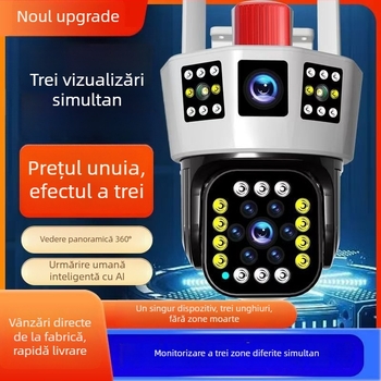 Cameră de supraveghere pentru exterior cu trei lentile, WiFi și 4G, 1080p viziune nocturnă infraroșu, lentile de 3,6 mm, senzor de 2 MP