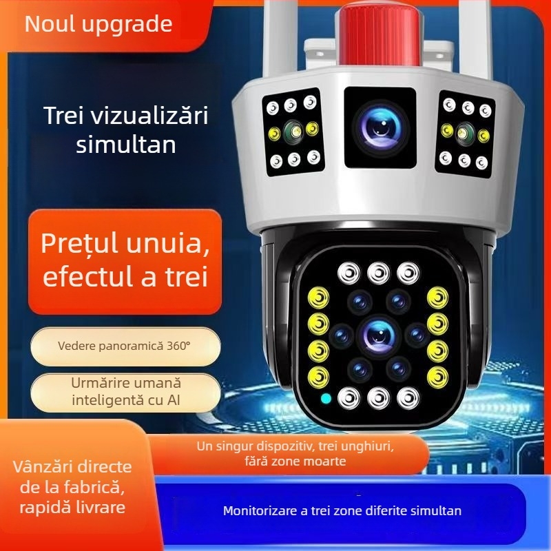 Cameră de supraveghere pentru exterior cu trei lentile, WiFi și 4G, 1080p viziune nocturnă infraroșu, lentile de 3,6 mm, senzor de 2 MP