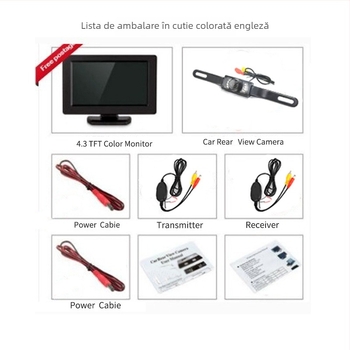 Display auto de 4,3/5 inch, modul wireless 2,4 G, cameră IR HD pentru mers înapoi, pentru plăcuțe de înmatriculare late