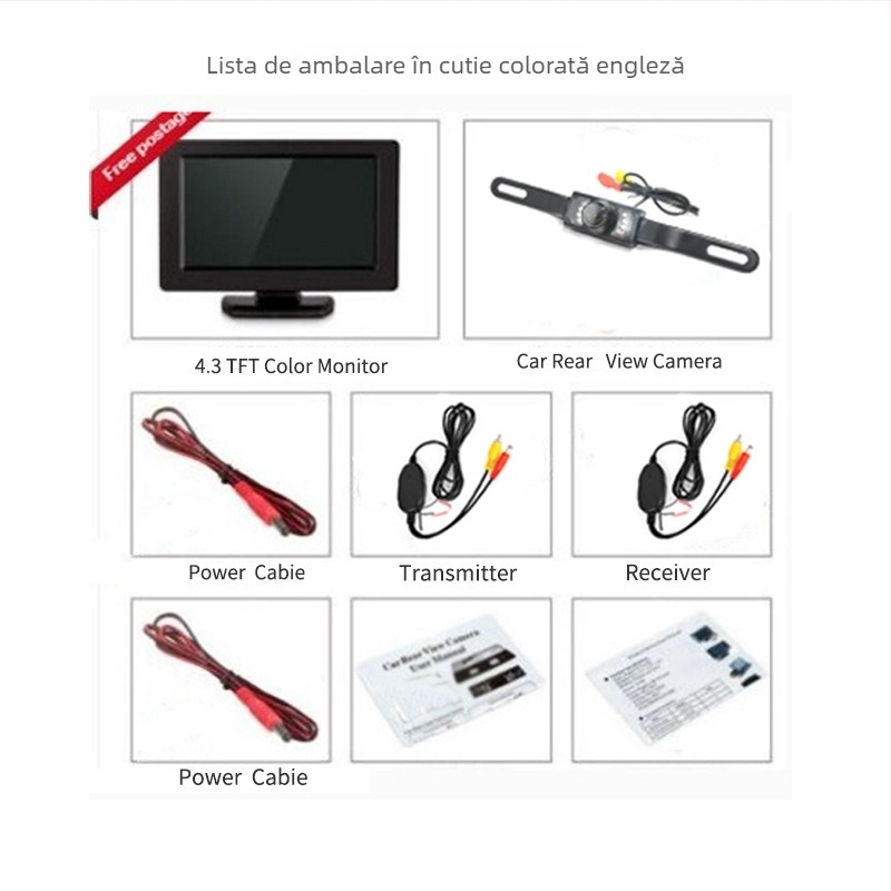 Display auto de 4,3/5 inch, modul wireless 2,4 G, cameră IR HD pentru mers înapoi, pentru plăcuțe de înmatriculare late