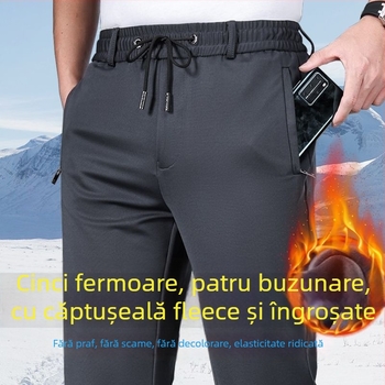 Pantaloni casual cu fleece, talie elastică, croială dreaptă, iarnă, model pe dungi, pentru bărbați de vârstă mijlocie