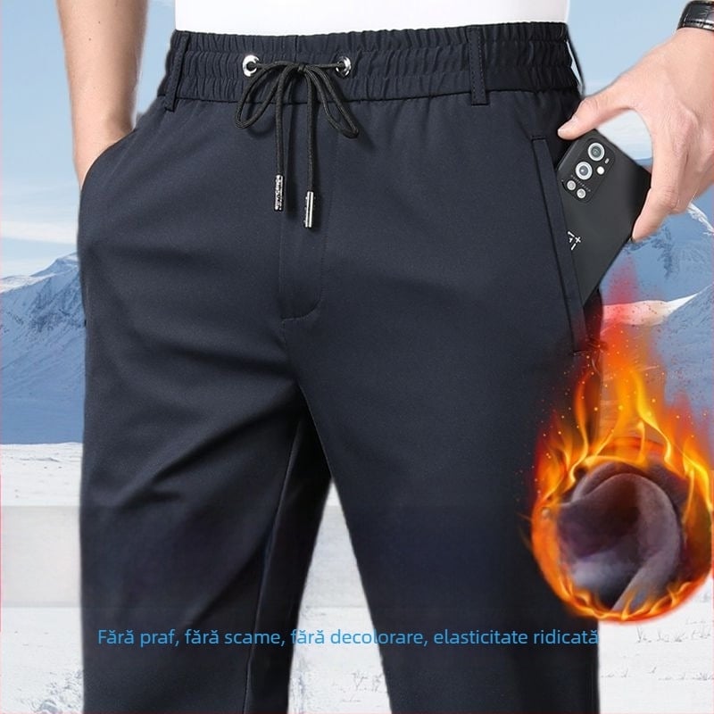 Pantaloni casual cu fleece, talie elastică, croială dreaptă, iarnă, model pe dungi, pentru bărbați de vârstă mijlocie