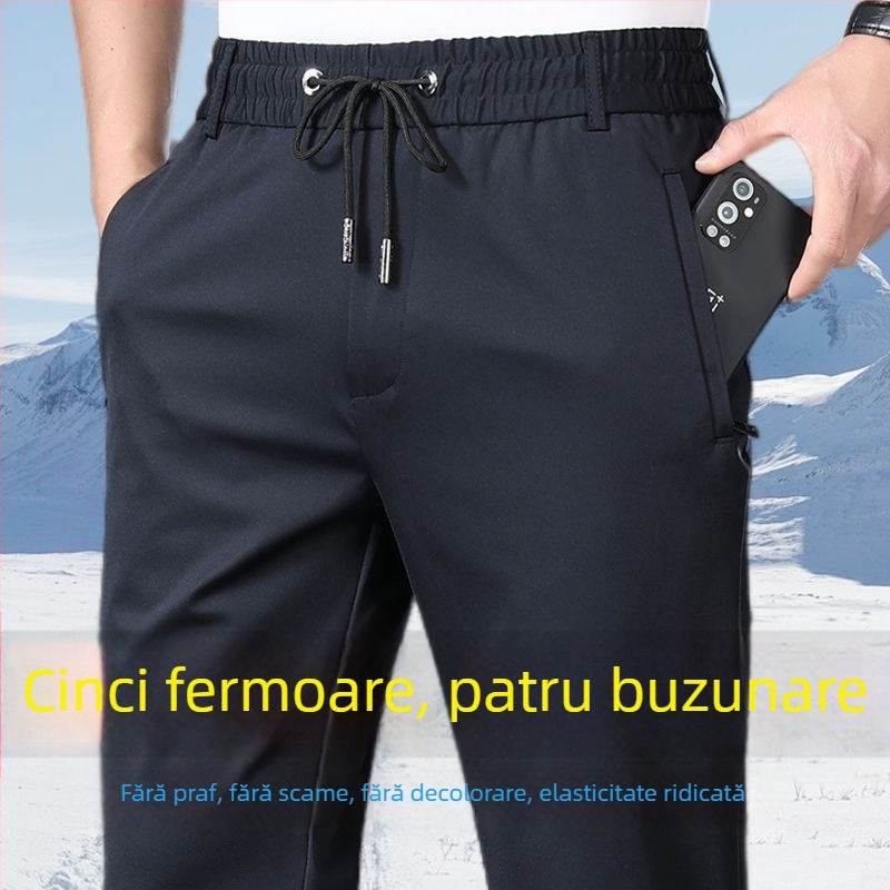 Pantaloni casual cu fleece, talie elastică, croială dreaptă, iarnă, model pe dungi, pentru bărbați de vârstă mijlocie