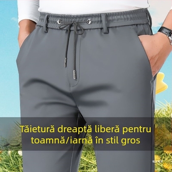 Pantaloni bărbătești drepti din piele artificială, cu umplutură din amestec de mătase și bumbac, model solid, țesătură groasă (Material principal: piele artificială; Umplutură: amestec mătase-bumbac; Model: solid; Grosime: groasă)