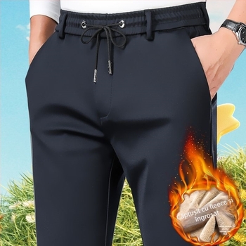 Pantaloni bărbătești drepti din piele artificială, cu umplutură din amestec de mătase și bumbac, model solid, țesătură groasă (Material principal: piele artificială; Umplutură: amestec mătase-bumbac; Model: solid; Grosime: groasă)