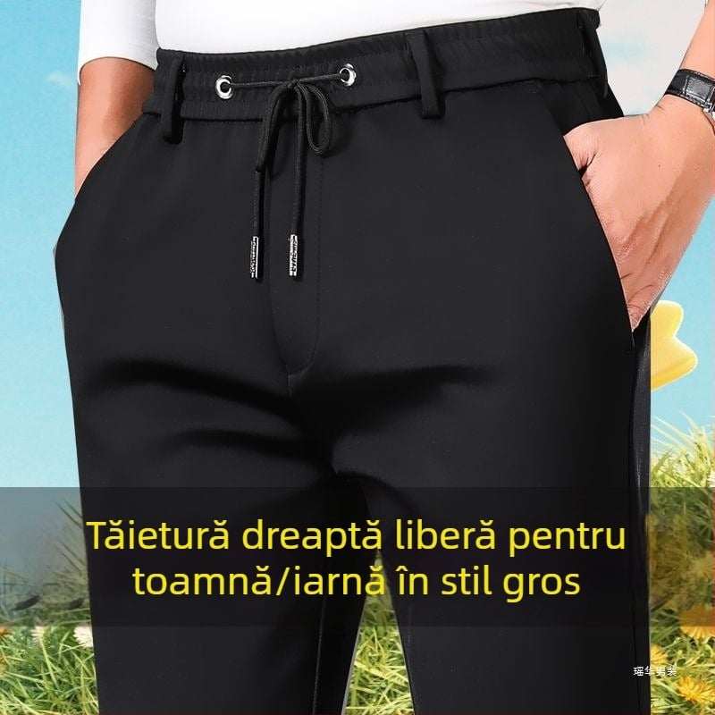 Pantaloni bărbătești drepti din piele artificială, cu umplutură din amestec de mătase și bumbac, model solid, țesătură groasă (Material principal: piele artificială; Umplutură: amestec mătase-bumbac; Model: solid; Grosime: groasă)