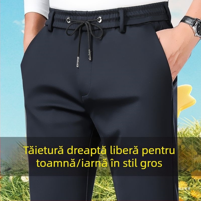 Pantaloni bărbătești drepti din piele artificială, cu umplutură din amestec de mătase și bumbac, model solid, țesătură groasă (Material principal: piele artificială; Umplutură: amestec mătase-bumbac; Model: solid; Grosime: groasă)
