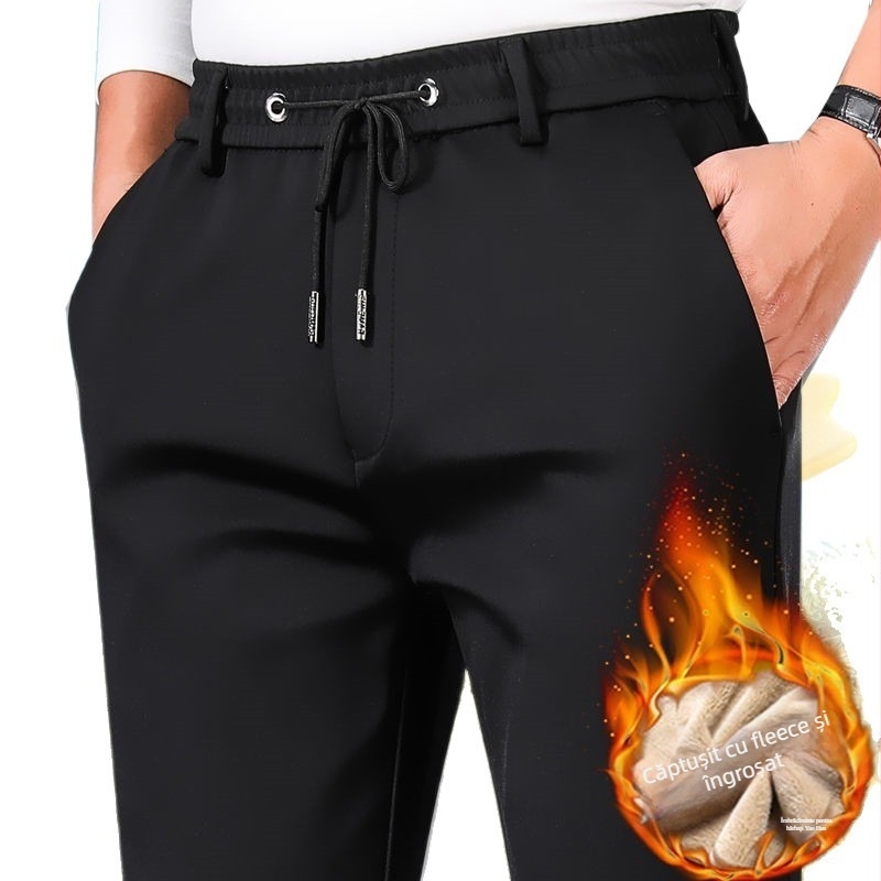 Pantaloni bărbătești drepti din piele artificială, cu umplutură din amestec de mătase și bumbac, model solid, țesătură groasă (Material principal: piele artificială; Umplutură: amestec mătase-bumbac; Model: solid; Grosime: groasă)