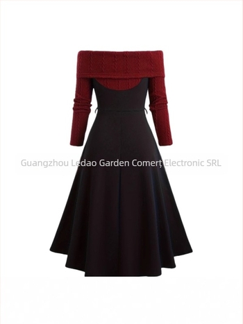 Rochie tricotată cu decolteu off-shoulder, buzunare, decor șnur, croială A-line, lungime medie