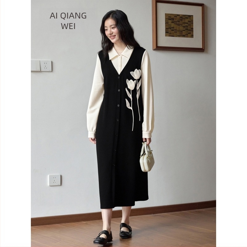 rochie cu flori 3D, guler de cămașă, mâneci lungi, fustă lungă, poliester