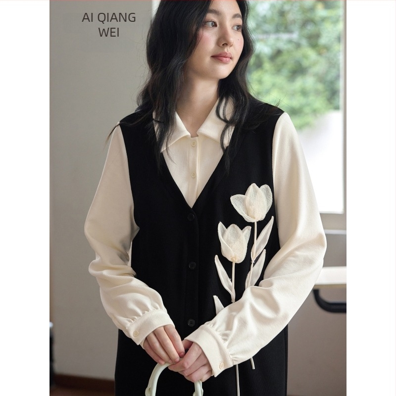 rochie cu flori 3D, guler de cămașă, mâneci lungi, fustă lungă, poliester