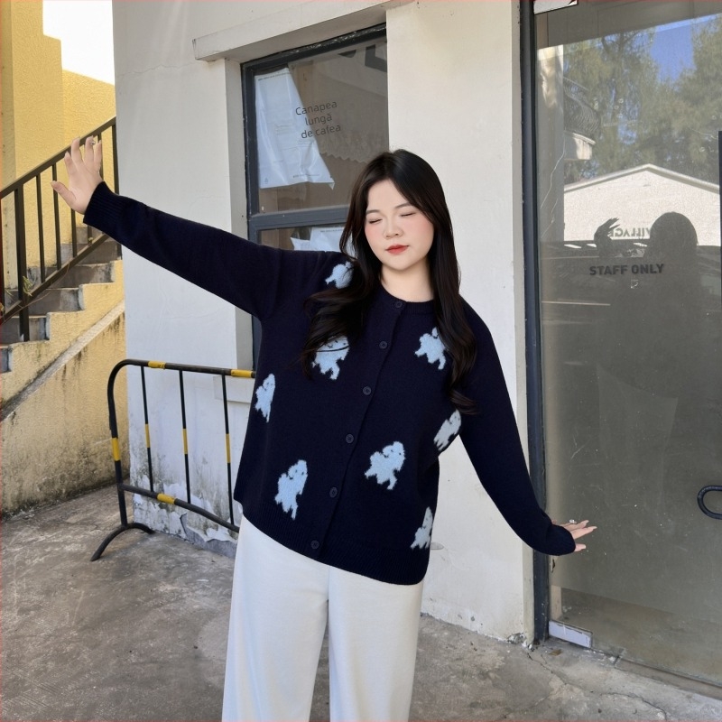 Cardigan tricotat Jacquard pentru femei, plus size, croi lejer, guler rotund, mâneci lungi, greutate medie