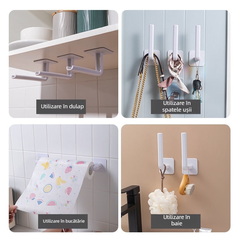 Cuier adeziv în formă de L, plastic, fără găuri, pentru haine și bucătărie, prindere solidă, fără urme, multifuncțional