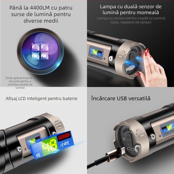 Lampă LED pentru pescuit cu patru surse de lumină, zoom, rotire la 360°, impermeabilă, rază maximă 200-500 m