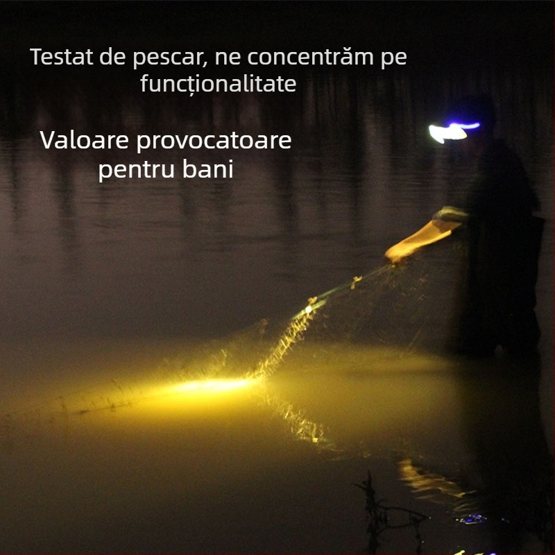 Lampă LED pentru pescuit cu patru surse de lumină, zoom, rotire la 360°, impermeabilă, rază maximă 200-500 m