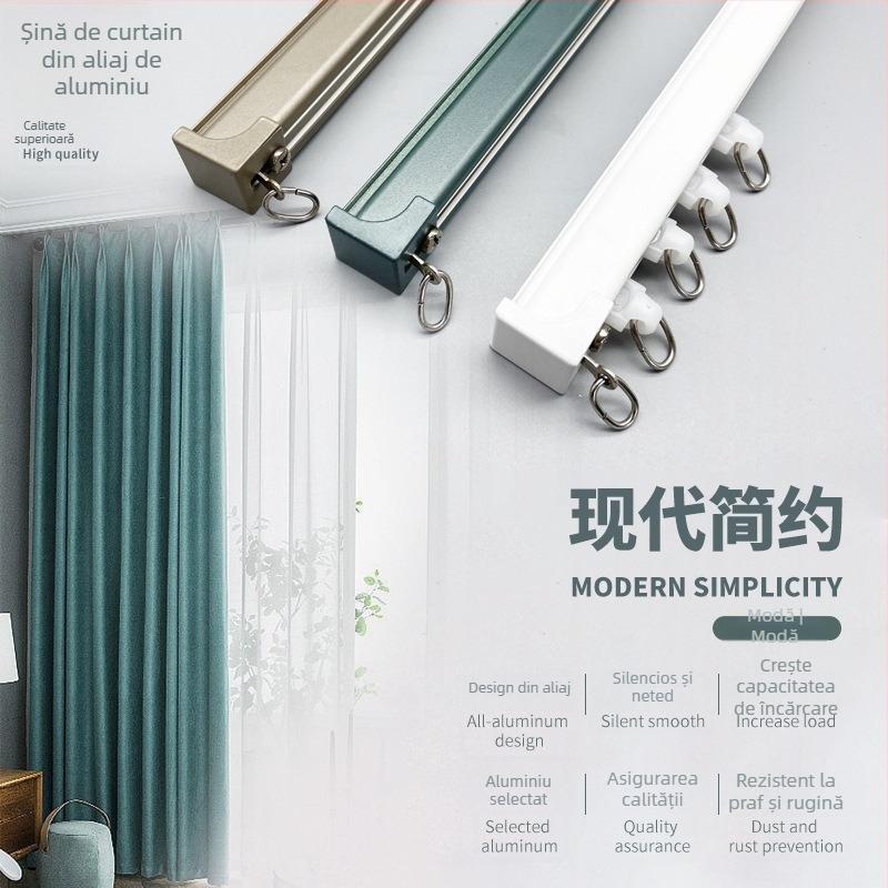 Șină pentru perdea silențioasă, manuală, din aliaj de aluminiu, ghidaj de alunecare pentru ferestre și balcoane