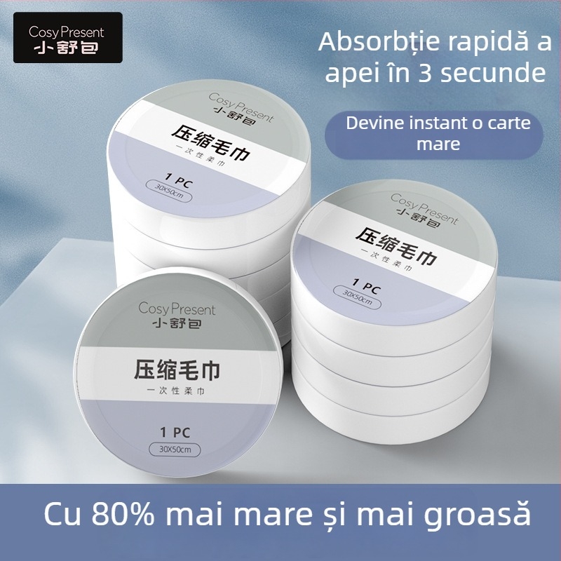 Cosypresent Prosop de baie comprimat, Îngroșat, Extra Mare, Portabil pentru Călătorii, Utilizare Udă/Uscată, Ambalare Individuală, Din fibre vegetale, 50 g+