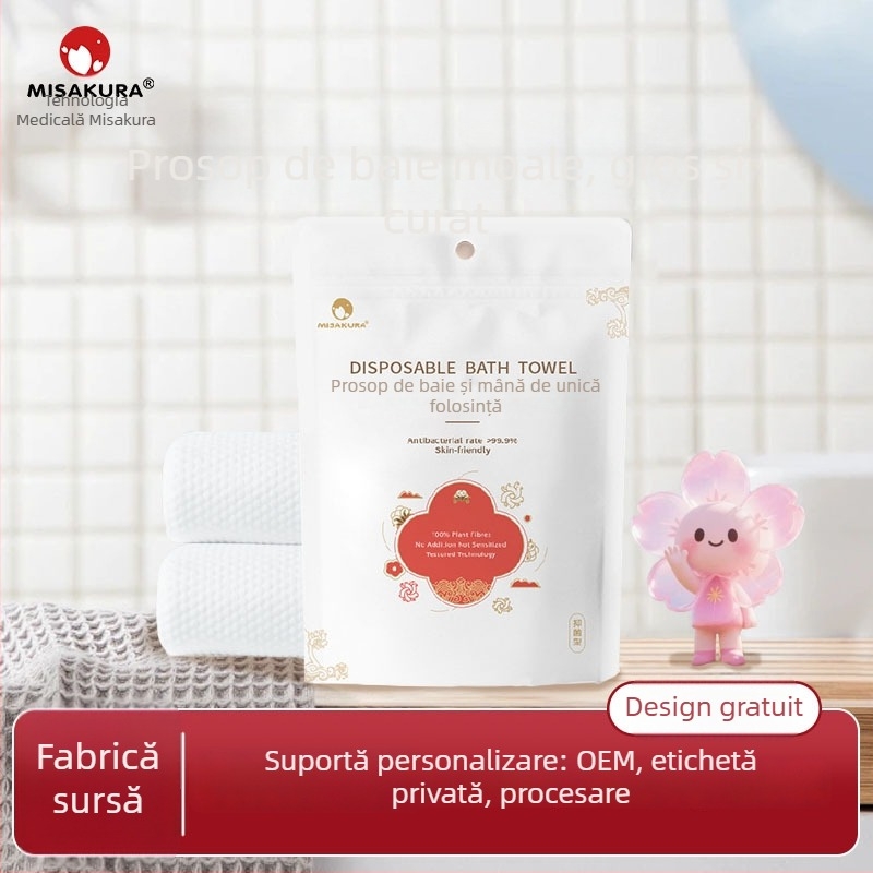 Prosop de baie de hotel, de unică utilizare, ambalat individual, îngroșat, fibre superfince cu conținut de bumbac și fibre vegetale, absorbție rapidă 5–10 s