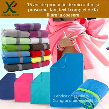 Prosop microfibră cu aspect velur dublu – fibră ultra-fină, uscare rapidă, absorbție ridicată; țesut cu fir elastic; 50–320D, 140–380 g/m², absorbție 5–10 s