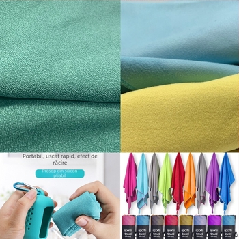 Prosop microfibră cu aspect velur dublu – fibră ultra-fină, uscare rapidă, absorbție ridicată; țesut cu fir elastic; 50–320D, 140–380 g/m², absorbție 5–10 s