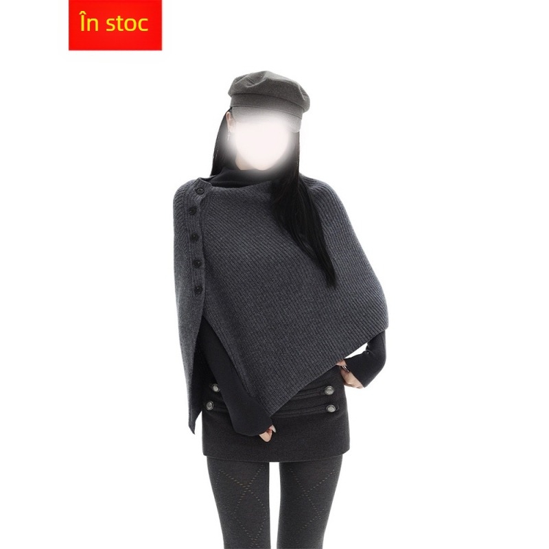 Via Del Sol pulover oversize din lână de oaie, tricotat, cu glugă, șal-cape și guler polo, mâneci lungi