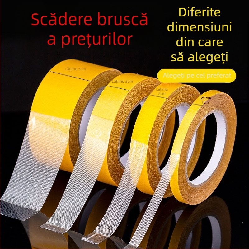 Bandă dublu-adezivă pe bază de pânză, transparentă, plasă detașabilă, fără urme.