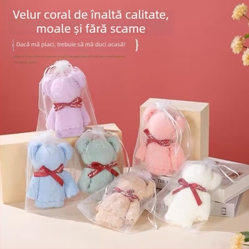 Prosop cu formă de urs în cutie cadou, velur coral, 70 g, imprimare logo, personalizare disponibilă