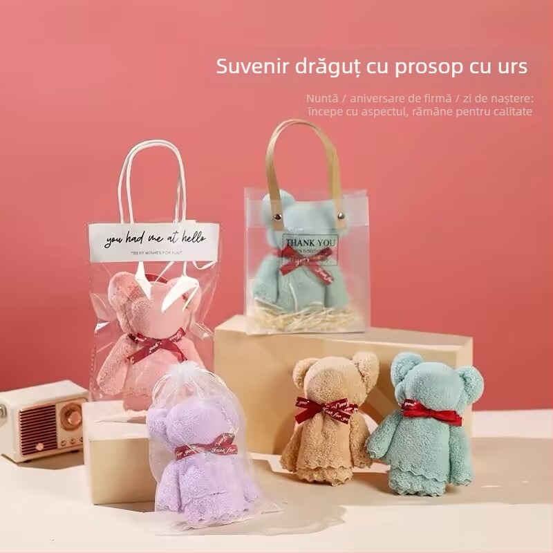 Prosop cu formă de urs în cutie cadou, velur coral, 70 g, imprimare logo, personalizare disponibilă