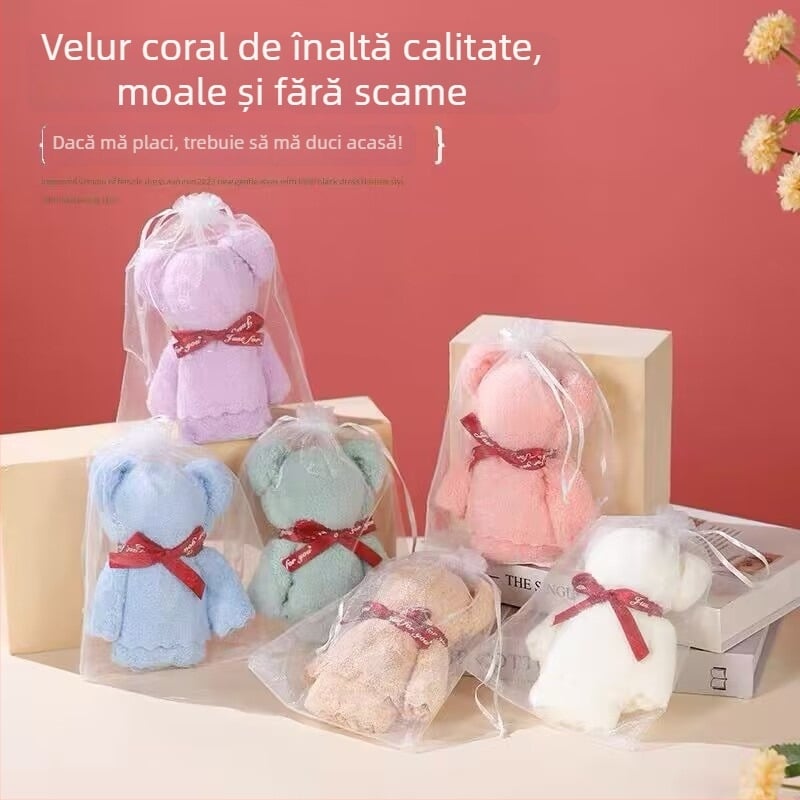 Prosop cu formă de urs în cutie cadou, velur coral, 70 g, imprimare logo, personalizare disponibilă