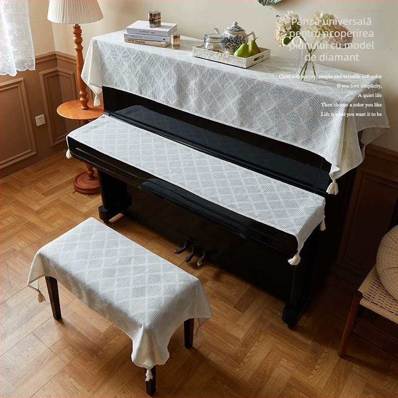 Husă pentru pian cu dantelă, design parțial, protecție împotriva prafului, material din bumbac și in, stil modern minimalist