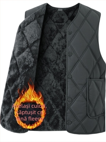 Vesta bărbătească din bumbac, căptușită cu fleece, cu glugă, groasă pentru iarnă, decolteu în V, fermoar, culoare solidă, cu trei buzunare