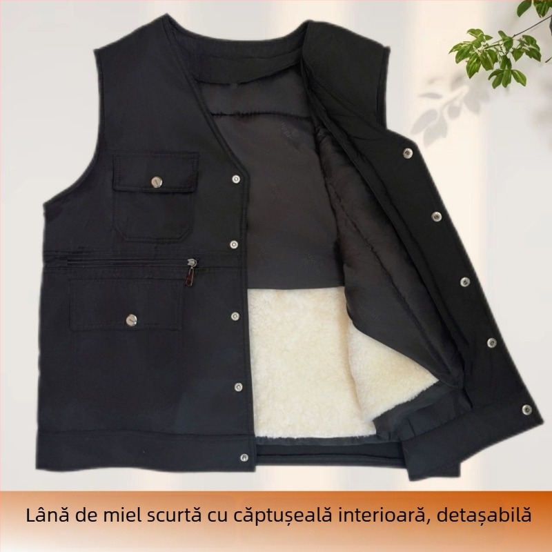 Vesta bărbătească din blană de iepure pe țesătură corduroy, cu glugă, decolteu în V, model dungat