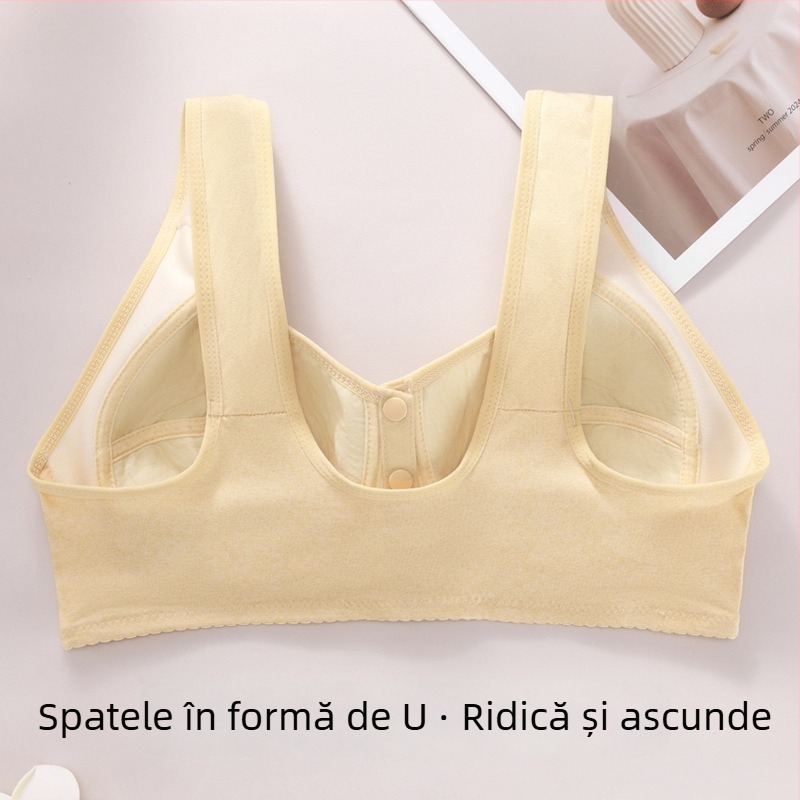 Sutien tip vestă cu închidere frontală, cupe 3/4 moi, forme subțiri, bretele dublu fixate, material poliester cu aspect lăptos