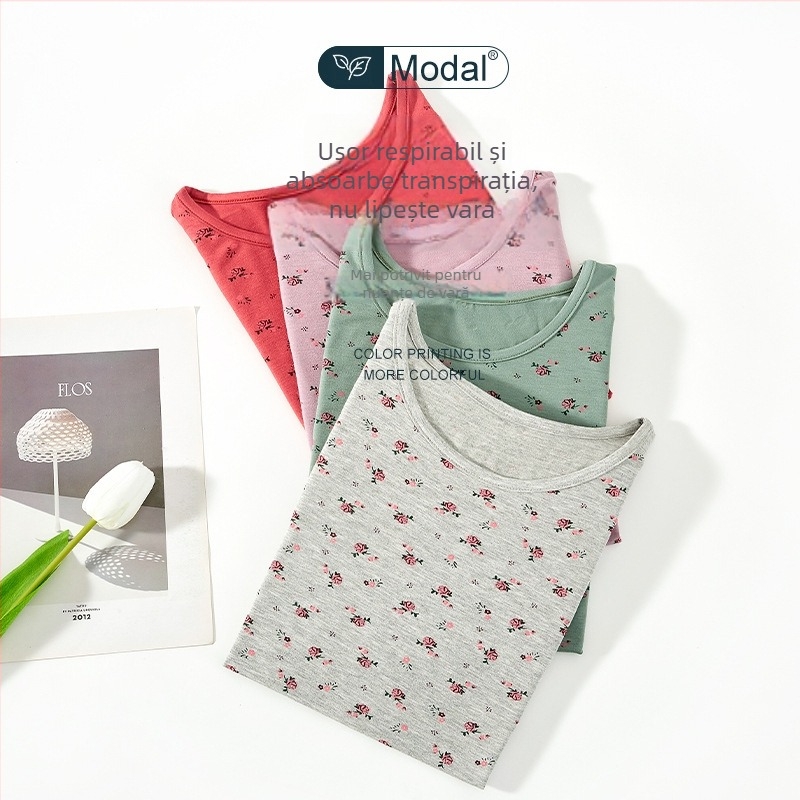 Top vest din modal, cu guler rotund, imprimeu, 50–70% modal, grosime moderată 141–160 g/m2