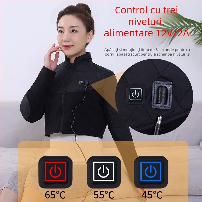 Bandă de umăr încălzitoare electrică cu fir de carbon, 12V, 24W, 45–65°C, trei niveluri de reglaj, pentru umăr și gât