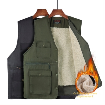 Vestă pentru bărbați călduță, căptuită cu fleece, croială lejeră, buzunare patch tridimensionale pentru iarnă