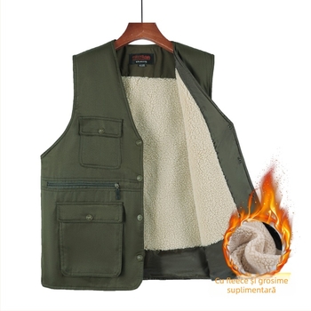 Vestă pentru bărbați călduță, căptuită cu fleece, croială lejeră, buzunare patch tridimensionale pentru iarnă