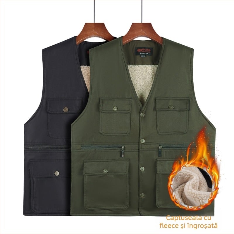 Vestă pentru bărbați călduță, căptuită cu fleece, croială lejeră, buzunare patch tridimensionale pentru iarnă