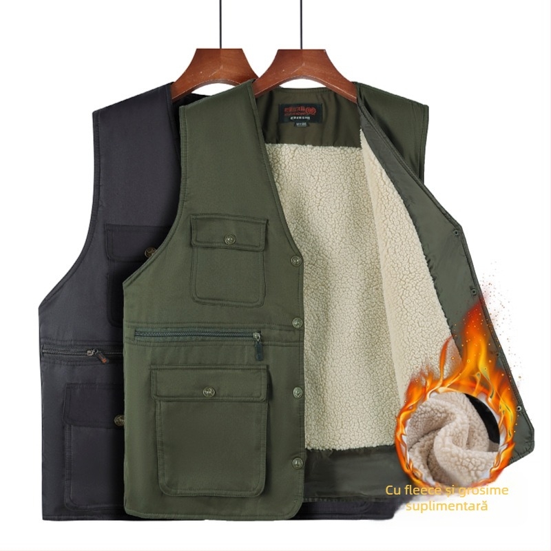 Vestă pentru bărbați călduță, căptuită cu fleece, croială lejeră, buzunare patch tridimensionale pentru iarnă